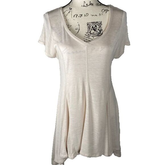 RXB Sz M Sheer Beige Tunic Short Sleeve Flutter High-Low Hem Asymmetrical VNeck - Picture 1 of 9
